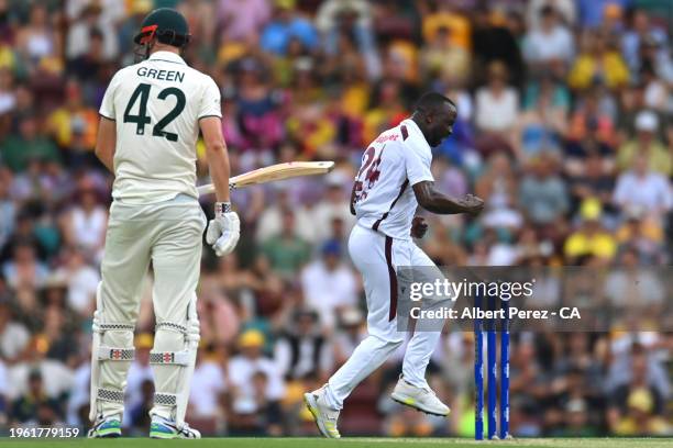 Kemar Roach of West Indies celebrates dismissing Cameron Green of Australia during day two of the Second Test match in the series between Australia...