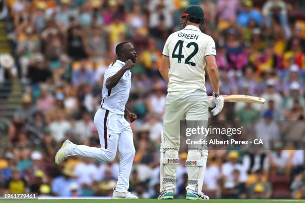Kemar Roach of West Indies celebrates dismissing Cameron Green of Australia during day two of the Second Test match in the series between Australia...