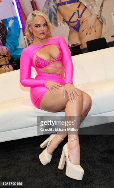 Alexis Texas poses at the Jules Jordan Video booth at the 2024 AVN Adult Entertainment Expo at Resorts World Las Vegas on January 25, 2024 in Las...