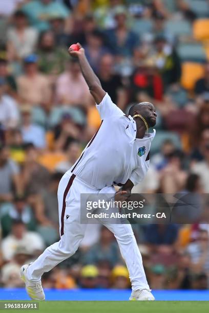 Kemar Roach of West Indies bowls during day two of the Second Test match in the series between Australia and West Indies at The Gabba on January 26,...