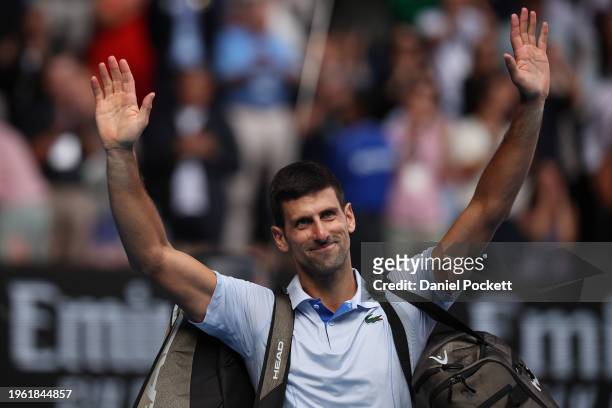 Novak Djokovic of Serbia thanks the crowd after playing in their Semifinal singles match against Jannik Sinner of Italy during the 2024 Australian...