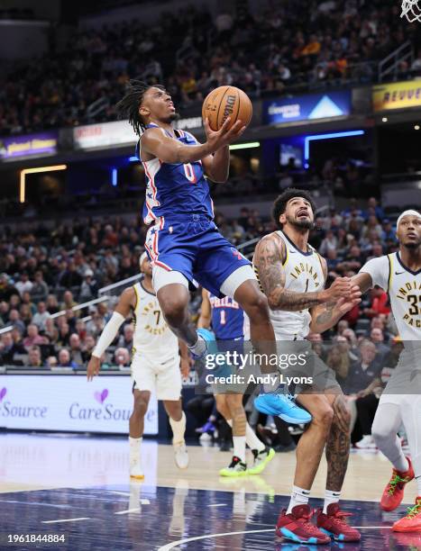 Tyrese Maxey of the Philadelphia 76ers shoots the ball in the first half against the Indiana Pacers at Gainbridge Fieldhouse on January 25, 2024 in...