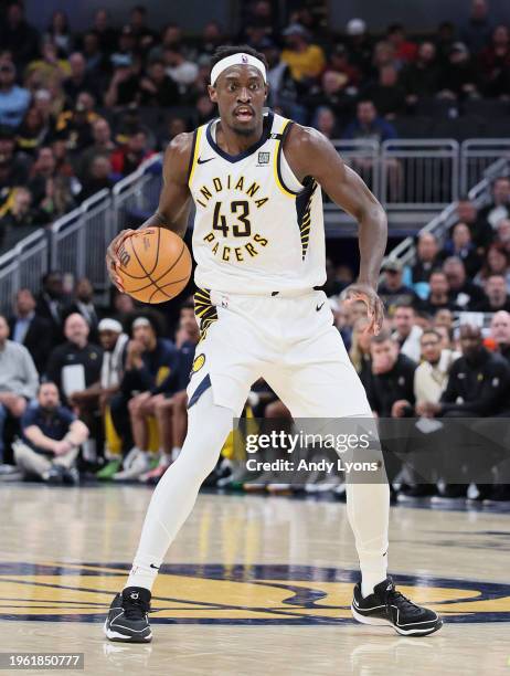 Pascal Siakam of the Indiana Pacers dribbles the ball against the Philadelphia 76ers during the first half of the game at Gainbridge Fieldhouse on...