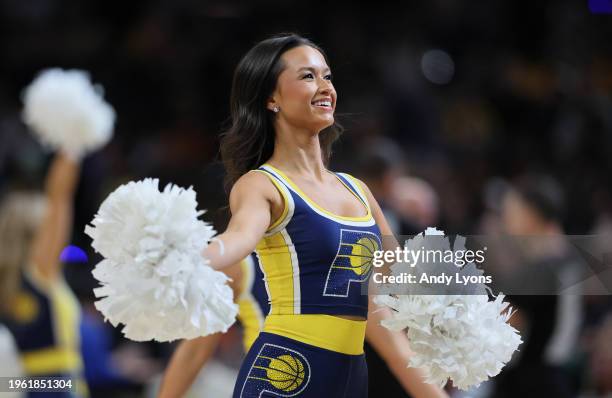 Indiana Pacers cheerleaders perform in the game against the Philadelphia 76ers at Gainbridge Fieldhouse on January 25, 2024 in Indianapolis, Indiana....