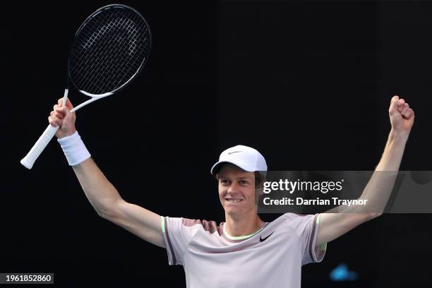 Jannik Sinner of Italy celebrates match point in their Semifinal singles match against Novak Djokovic of Serbia during the 2024 Australian Open at...