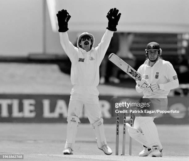 England wicketkeeper Jack Russell appeals for the wicket of South Africa batsman Shaun Pollock on day two of the 4th Test match between South Africa...