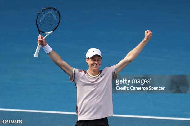 Jannik Sinner of Italy celebrates match point in their Semifinal singles match against Novak Djokovic of Serbia during the 2024 Australian Open at...