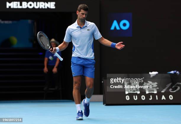 Novak Djokovic of Serbia reacts in their Semi final singles match against Jannik Sinner of Italy during the 2024 Australian Open at Melbourne Park on...