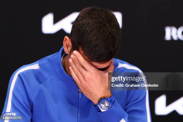 Novak Djokovic of Serbia talks to the media at a press conference following his semifinal singles match loss against Jannik Sinner of Italy during...