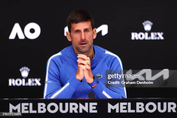 Novak Djokovic of Serbia talks to the media at a press conference following his semifinal singles match loss against Jannik Sinner of Italy during...