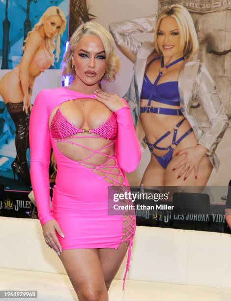 Alexis Texas poses at the Jules Jordan Video booth at the 2024 AVN Adult Entertainment Expo at Resorts World Las Vegas on January 25, 2024 in Las...