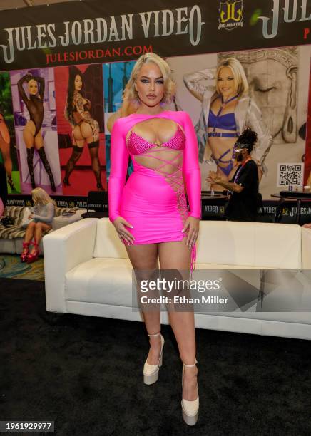 Alexis Texas poses at the Jules Jordan Video booth at the 2024 AVN Adult Entertainment Expo at Resorts World Las Vegas on January 25, 2024 in Las...