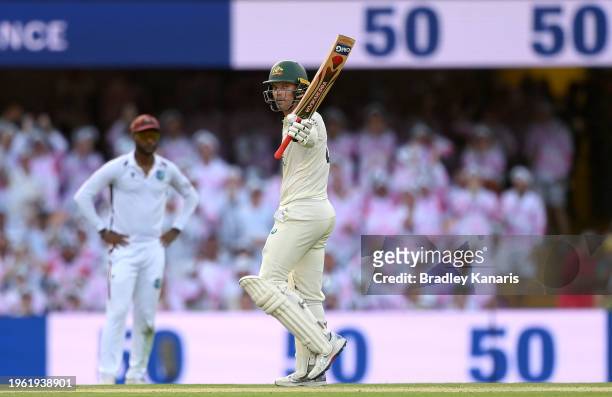 Alex Carey of Australia celebrates after scoring a half century during day two of the Second Test match in the series between Australia and West...