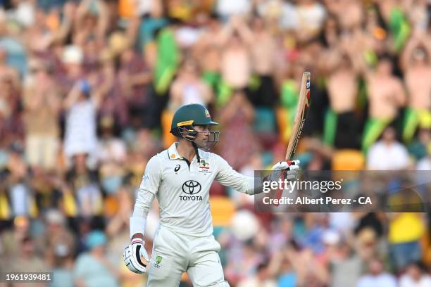 Alex Carey of Australia celebrates his half century during day two of the Second Test match in the series between Australia and West Indies at The...