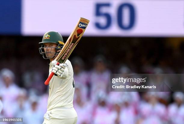 Alex Carey of Australia celebrates after scoring a half century during day two of the Second Test match in the series between Australia and West...