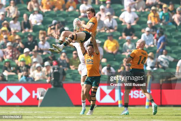 Hayden Sargeant of Australia receives the ball in the line-out during the 2024 Perth SVNS men's match between Australia and USA at HBF Park on...