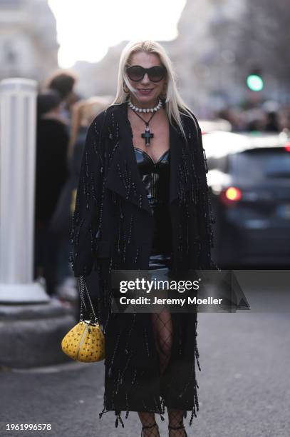 Corina Mihaila Larpin seen wearing Linda Fargo black sunglasses, Stefere Jewelry black / silver diamond earrings / hoops, Stefere Jewelry diamond...