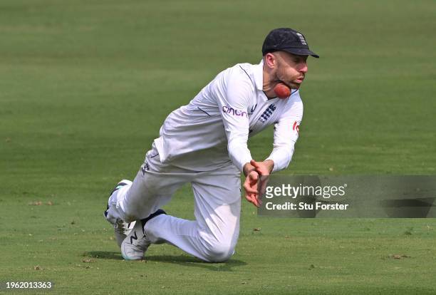 Jack Leach of England is hit by the ball after misfielding during day two of the 1st Test Match between India and England at Rajiv Gandhi...