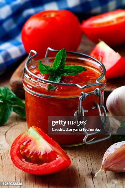 homemade pizza sauce in the glass jar - tomato sauce stock pictures, royalty-free photos & images