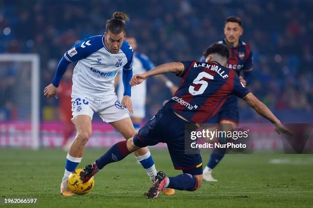 Alvaro Jose Jimenez Guerrero of CD Tenerife competes for the ball with Alex Valle of Levante UD during the LaLiga Hypermotion match between Levante...