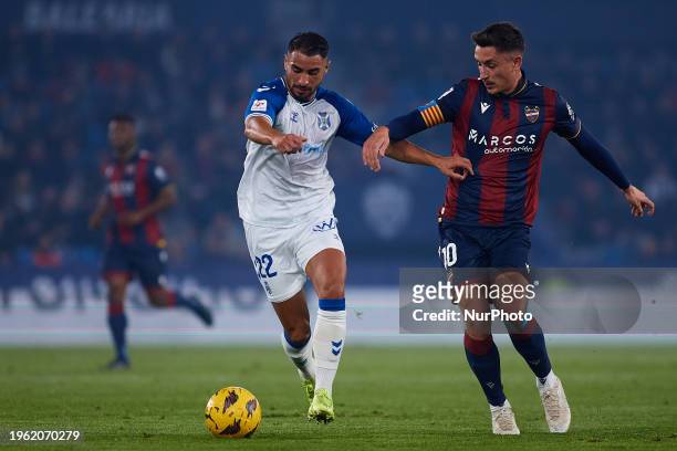Mellot of CD Tenerife competes for the ball with Pablo Martinez of Levante UD during the LaLiga Hypermotion match between Levante UD and CD Tenerife...