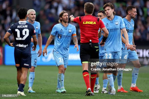 Luke Brattan of Sydney FC appeals to the Referee during the A-League Men round 14 match between Melbourne Victory and Sydney FC at AAMI Park, on...