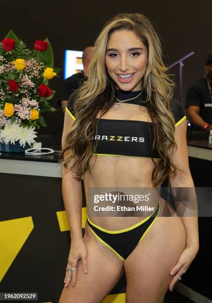 Abella Danger poses at the Brazzers booth at the 2024 AVN Adult Entertainment Expo at Resorts World Las Vegas on January 25, 2024 in Las Vegas,...