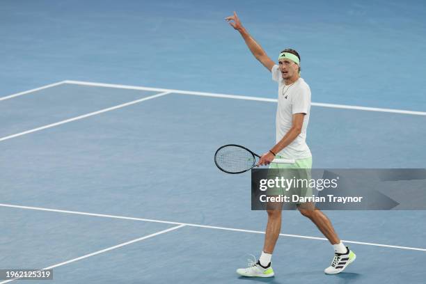 Alexander Zverev of Germany celebrates winning the first set in their Semifinal singles match against Daniil Medvedev during the 2024 Australian Open...