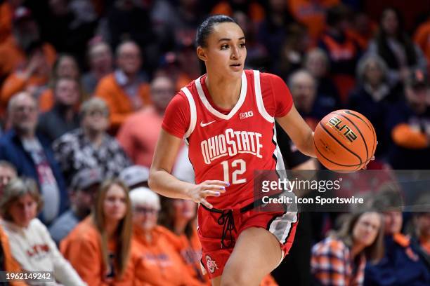 Ohio State Buckeyes Guard Celeste Taylor dribbles during the women's college basketball game between the Ohio State Buckeyes and the Illinois...