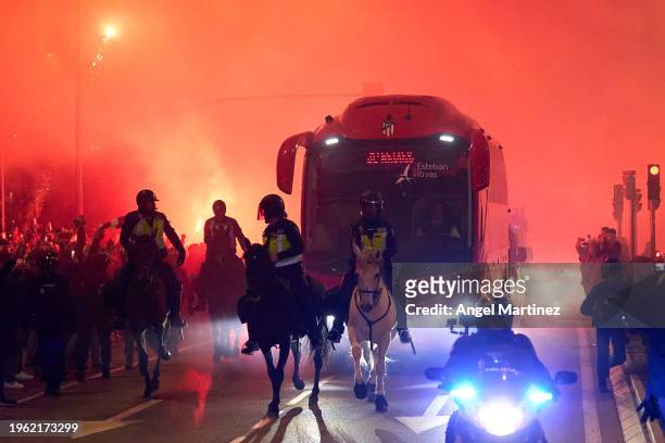 The Atletico de Madrid team bus arrives at the stadium prior to the Copa del Rey Quarter Final match between Atletico de Madrid and Sevilla FC at...