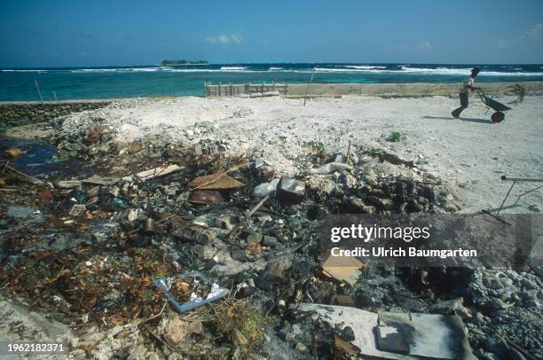 Garbage dumps near the island of Veligandu Huraa on January 29, 2024 on Veligandu Huraa Island, Maldives. Garbage and waste disposal are a constant...