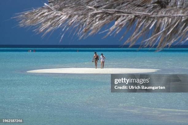 Tourists on a sandbank on January 29, 2024 on Veligandu Huraa Island, Maldives. Tourism is the main source of income for the Maldives.