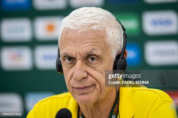 Burkina Fasso's head coach Hubert Velud addresses media during a press conference at the Amadou Gon Coulibaly Stadium in Korhogo on January 29 on the...