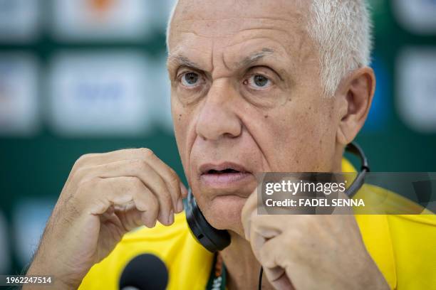 Burkina Fasso's head coach Hubert Velud addresses media during a press conference at the Amadou Gon Coulibaly Stadium in Korhogo on January 29 on the...