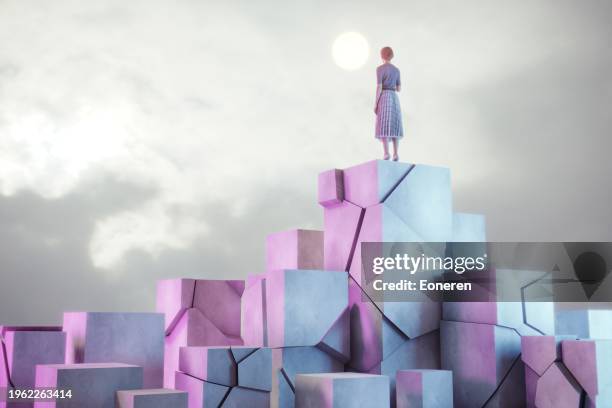 business woman on top of the platform - leader abstract stock pictures, royalty-free photos & images