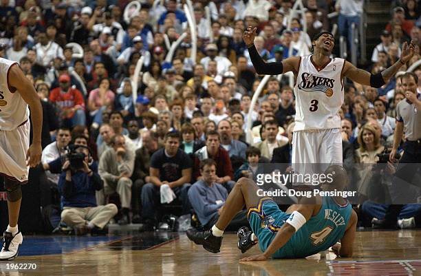 Allen Iverson of the Philadelphia 76ers reacts after being called for a foul on David Wesley of the New Orleans Hornets in Game two of the Eastern...