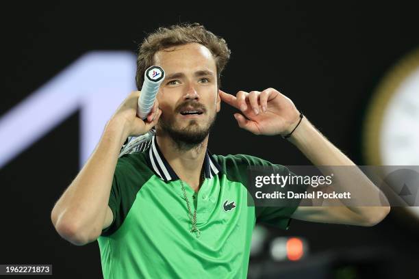 Daniil Medvedev celebrates winning a point in their Semifinal singles match against Alexander Zverev of Germany during the 2024 Australian Open at...