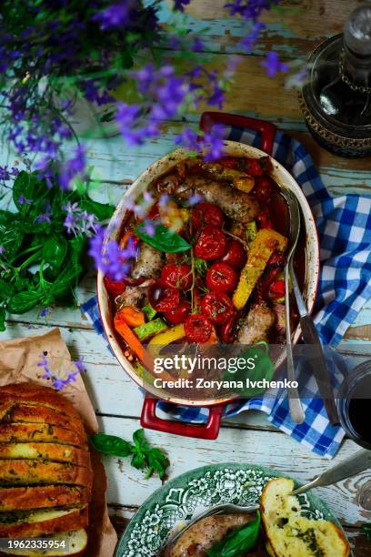 sausage ratatouille in the vintage plate - ratatuia foto e immagini stock