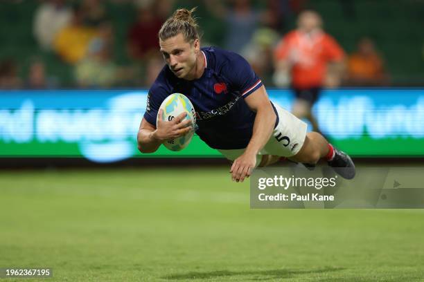 Stephen Parez Edo Martin of France crosses for a try during the 2024 Perth SVNS men's match between Fiji and France at HBF Park on January 26, 2024...