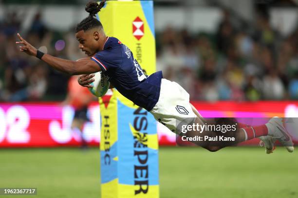 Jospeh Jefferson Lee of France crosses for a try during the 2024 Perth SVNS men's match between Fiji and France at HBF Park on January 26, 2024 in...