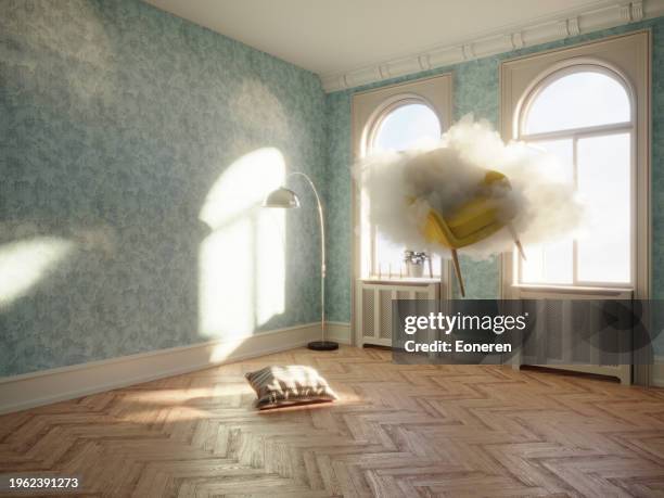 cloud flying in living room - eoneren stock pictures, royalty-free photos & images