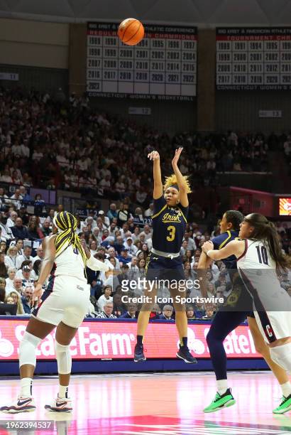 Notre Dame Fighting Irish guard Hannah Hidalgo takes a three point shot during the women's college basketball game between Notre Dame Fighting Irish...