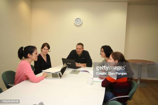 View of students and their professor and students in a classroom at the Federmann School of Public Policy and Governance on the Hebrew University's...