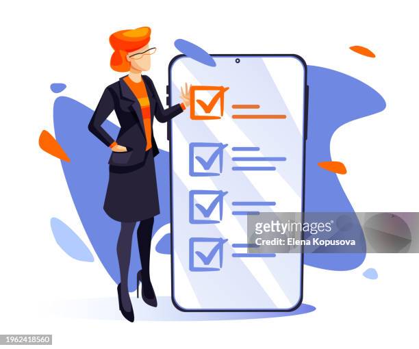 business concept in flat style. business woman with mobile phone with choice icon on abstract white background. creative vector illustration. - viollet creative selects stock illustrations