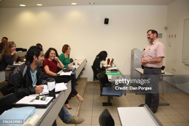 View of students as they listen to their professor in a classroom at the Federmann School of Public Policy and Governance on the Hebrew University's...