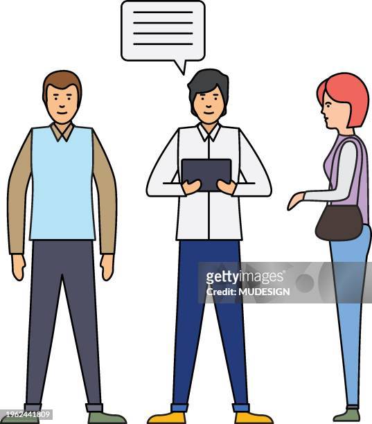 leader listens advice of employees, asking and answering questions for idea development concept - colleague engagement stock illustrations