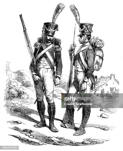 bildbanksillustrationer, clip art samt tecknat material och ikoner med army soldiers marksman and voltigeur of france illustration 1858 - 1858