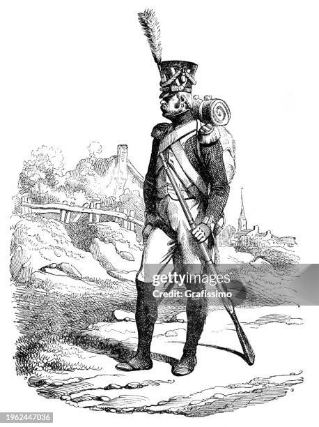 army soldiers fusilier-grenadier of france illustration 1858 - grenadier soldier stock illustrations
