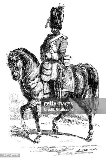 ilustrações de stock, clip art, desenhos animados e ícones de army soldier grenadier riding horse poland illustration 1858 - granadeiro