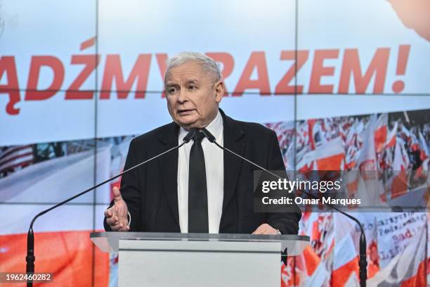 The leader of the conservative Law and Justice Party, Jaroslaw Kaczynski gives a press statement at the party headquarters on January 26, 2024 in...